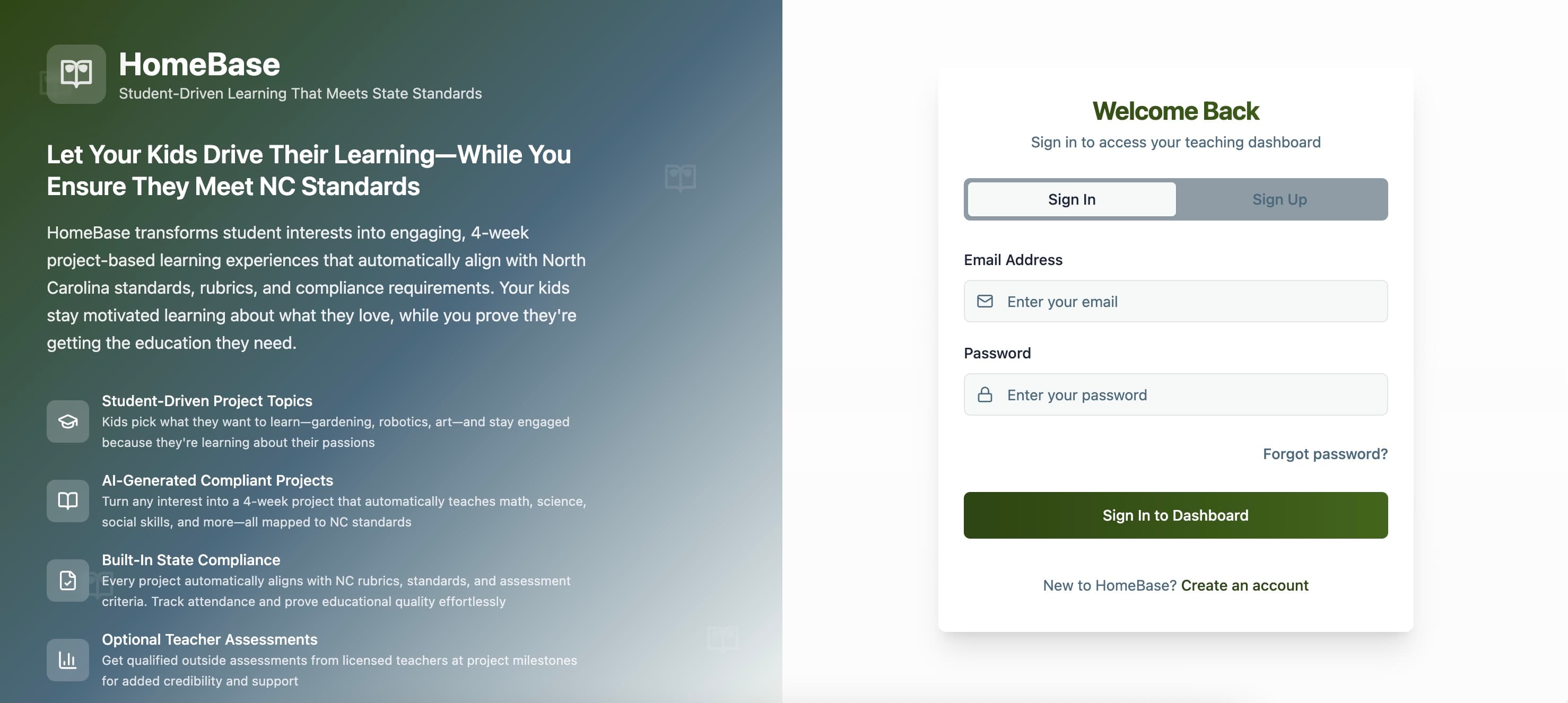HomesCool Platform: Student-Driven Learning Dashboard showing login interface with four key features - Student-Driven Project Topics, AI-Generated Compliant Projects, Built-In State Compliance, and Optional Teacher Assessments
