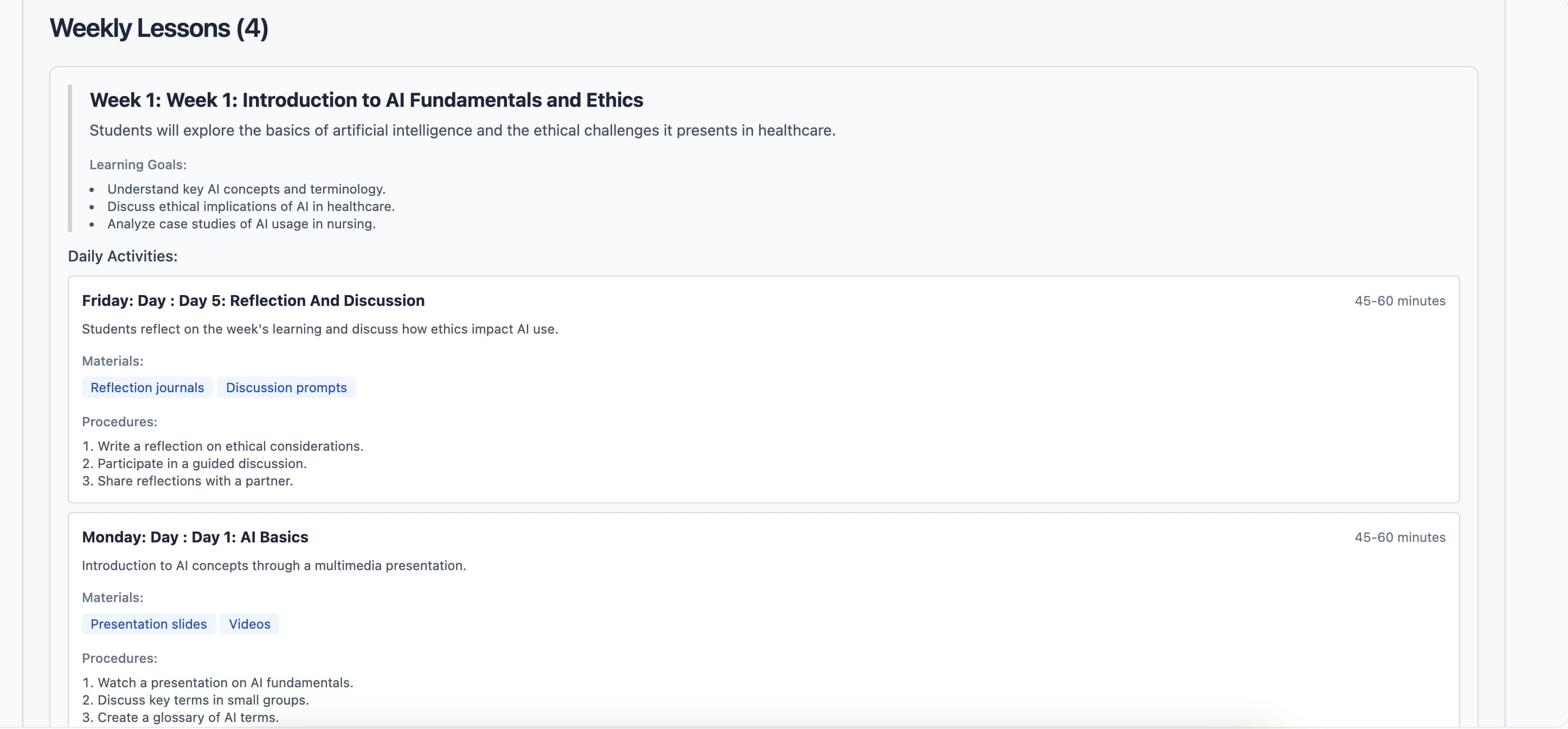 AI-Generated Weekly Lesson Plans in BranchBase showing day-by-day breakdown for Week 1 of a student-driven project with standards alignment, learning objectives, and activities