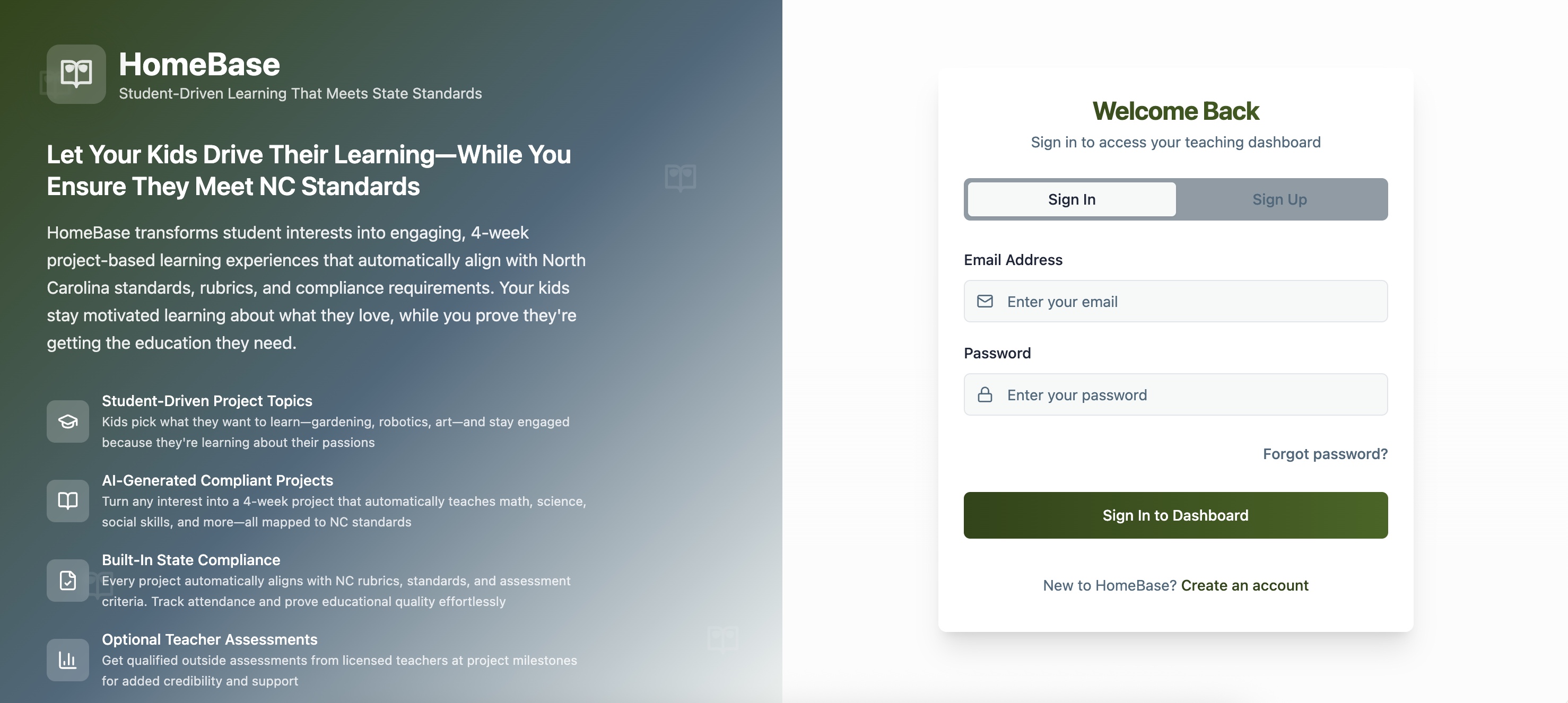 HomeBase Platform: Student-Driven Learning Dashboard showing login interface with four key features - Student-Driven Project Topics, AI-Generated Compliant Projects, Built-In State Compliance, and Optional Teacher Assessments