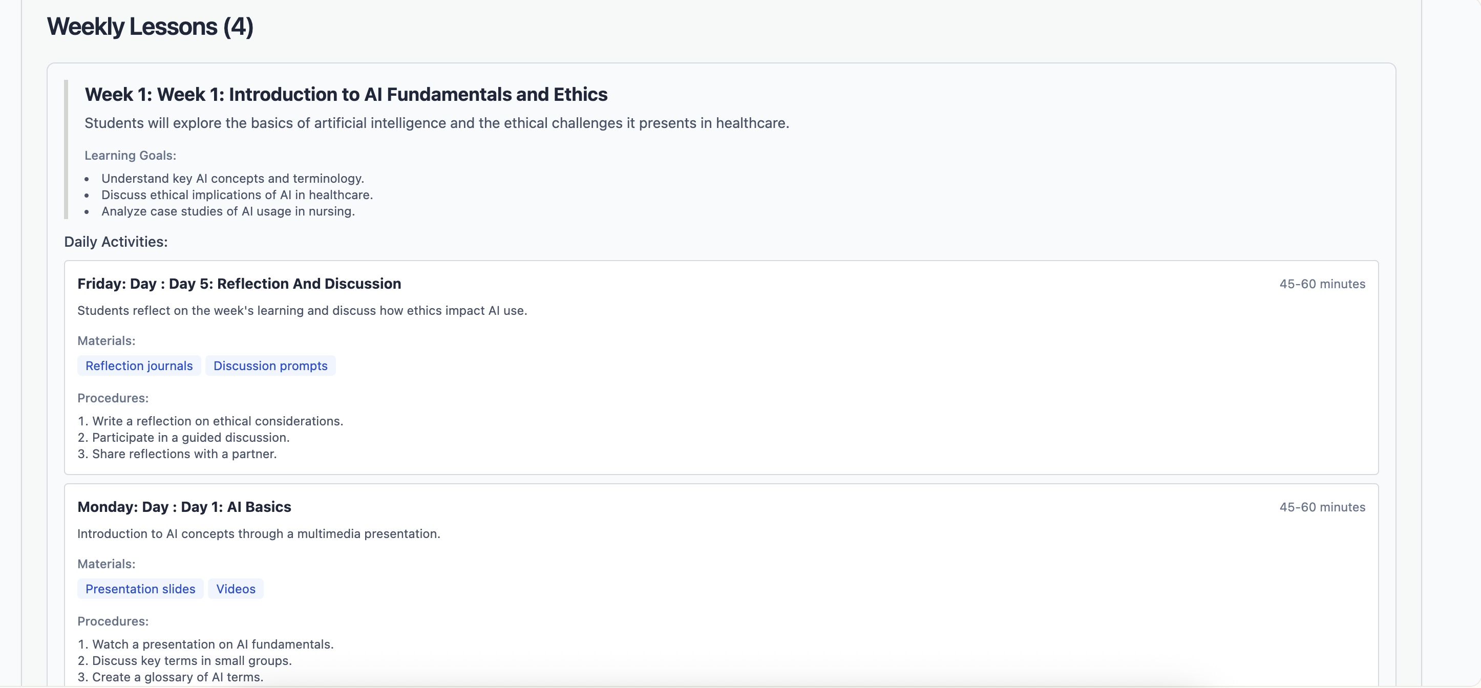 AI-Generated Weekly Lesson Plans in BranchBase showing day-by-day breakdown for Week 1 of a student-driven project with standards alignment, learning objectives, and activities